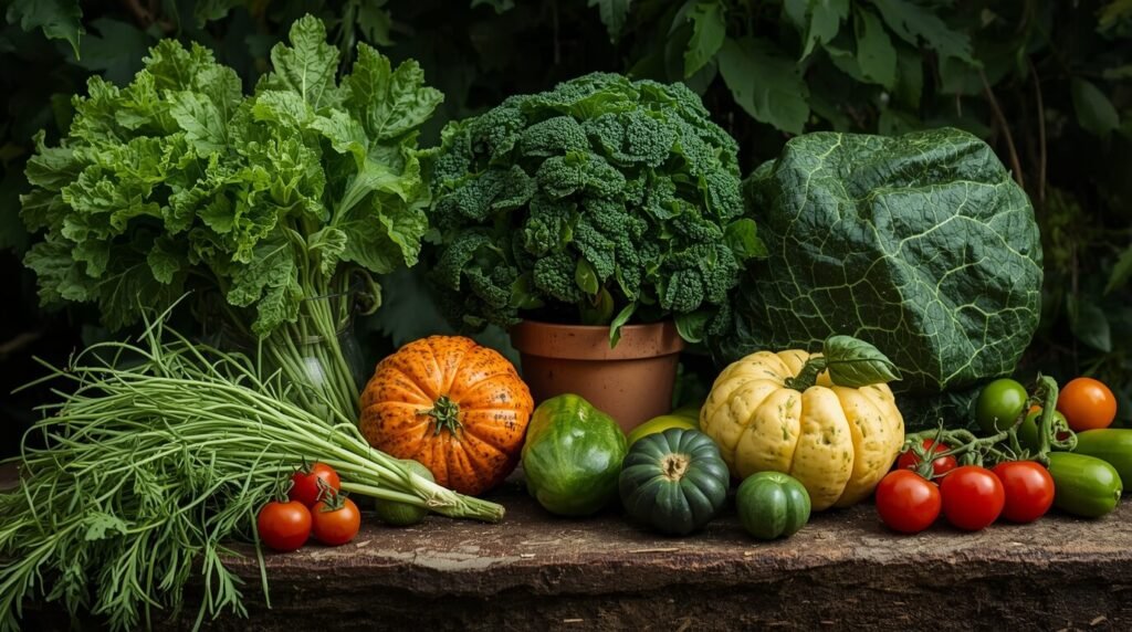 Hortaliças verdes de tons claro e escuro e legumes coloridos em cima de uma bancada.
