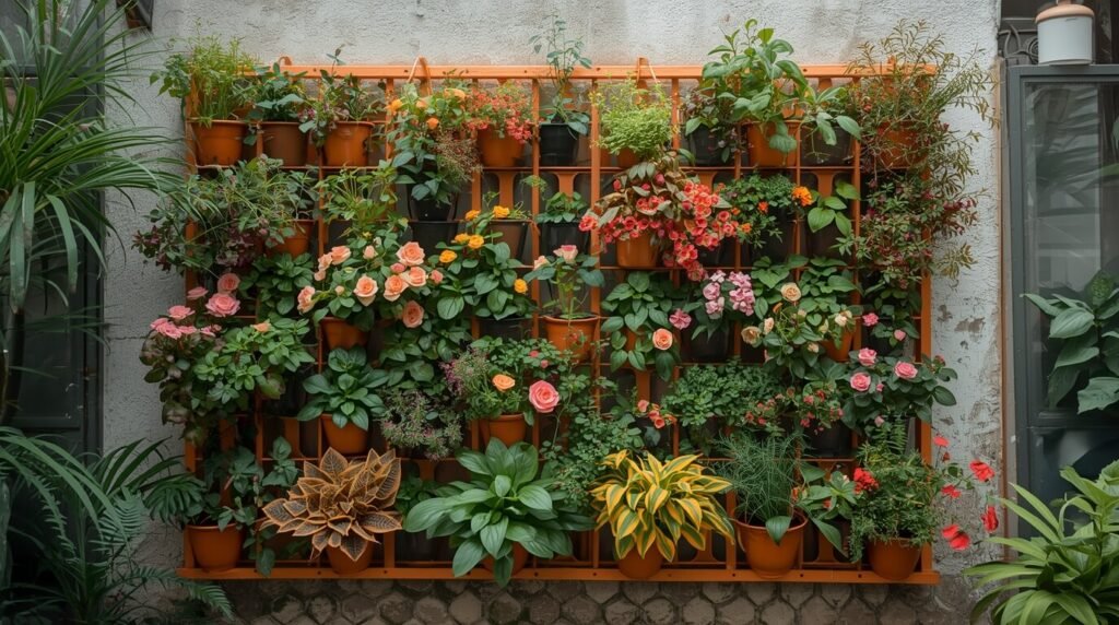 Pequenas plantas plantadas em pequenos vasos em uma grade vertical.