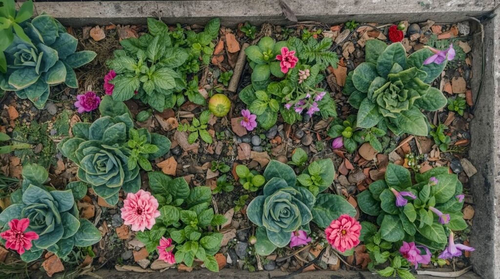 Pequenas hortaliças em meio à flores de jardim.