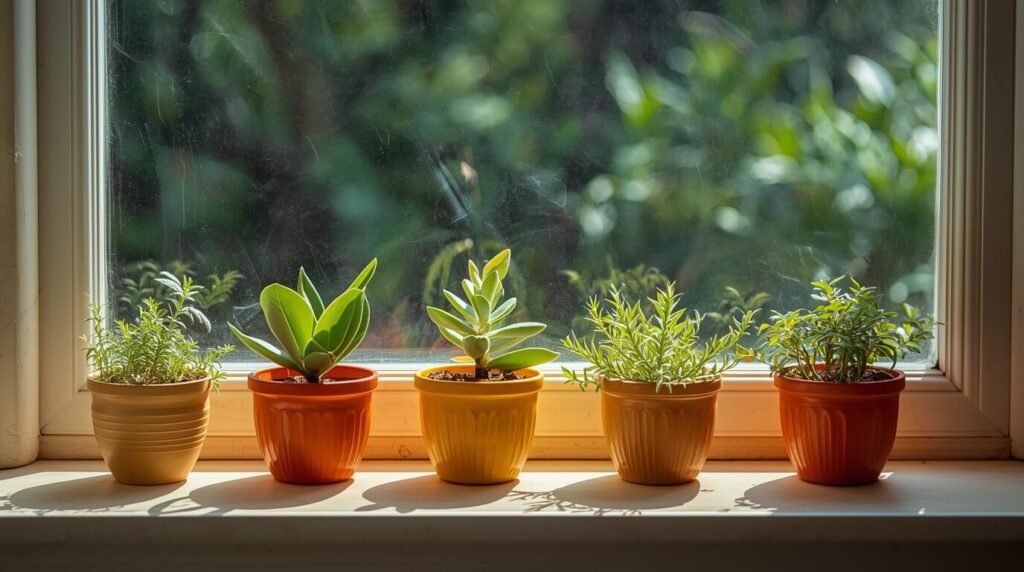 Cinco Pequenos vasos decorativos com plantinhas na sacada de uma janela ensolarada.
